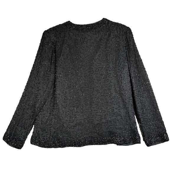 Silk Beaded Evening Jacket Women's Large Black Jet Beads Formal Cocktail Luxury - Picture 3 of 10